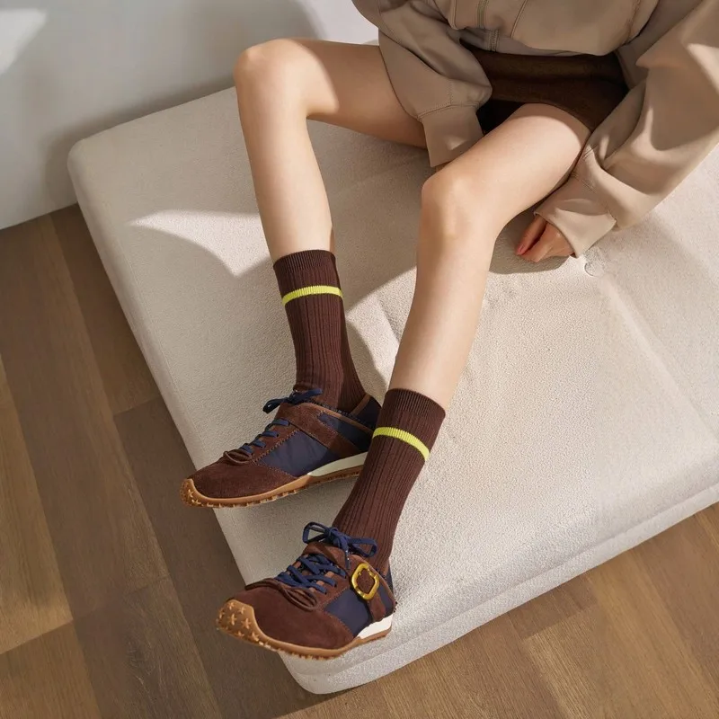 Women's Vintage Color‑Block Striped Mid‑Calf Socks, Fall Winter High‑Cotton Double‑Needle Seamless Toe, Slim Versatile European‑