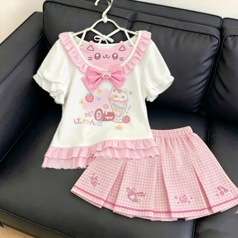 Japanese Pink and White Cute Skirt Set Women with Bow Pom-Pom Detail and Animal Print Sweet Spring Set for Casual Wear 2025 image 2