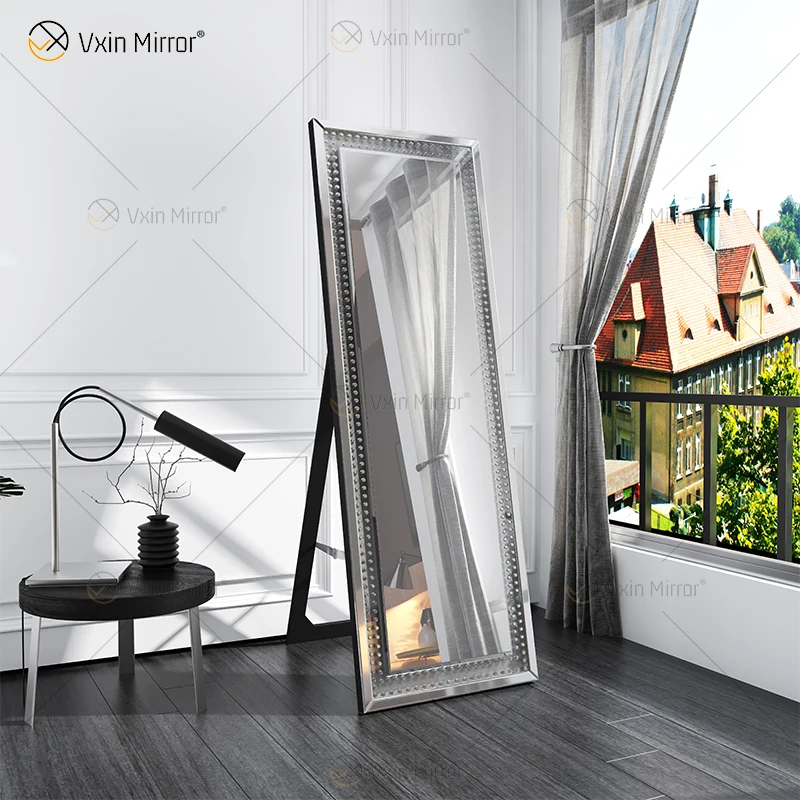 Standing Hanging or Leaning Rectangle Floor Mirror Crystal Surround Full Body Mirror Wall Mounted Dressing Mirror for Bedroom