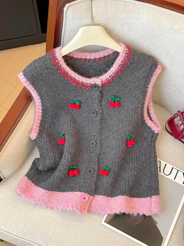 

Women Grey Patchwork Cherry Embroidered Knitted Vest Tops Autumn Winter New Single Breasted Round Neck Short Waistcoat Sweater