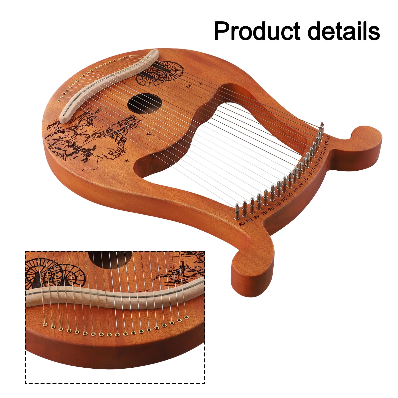 Compact Size The 19 Metal Strings Lyre Harp Lyre Harps Wooden Lyre Mahogany String Instrument  With Tuning Wrench Spare String