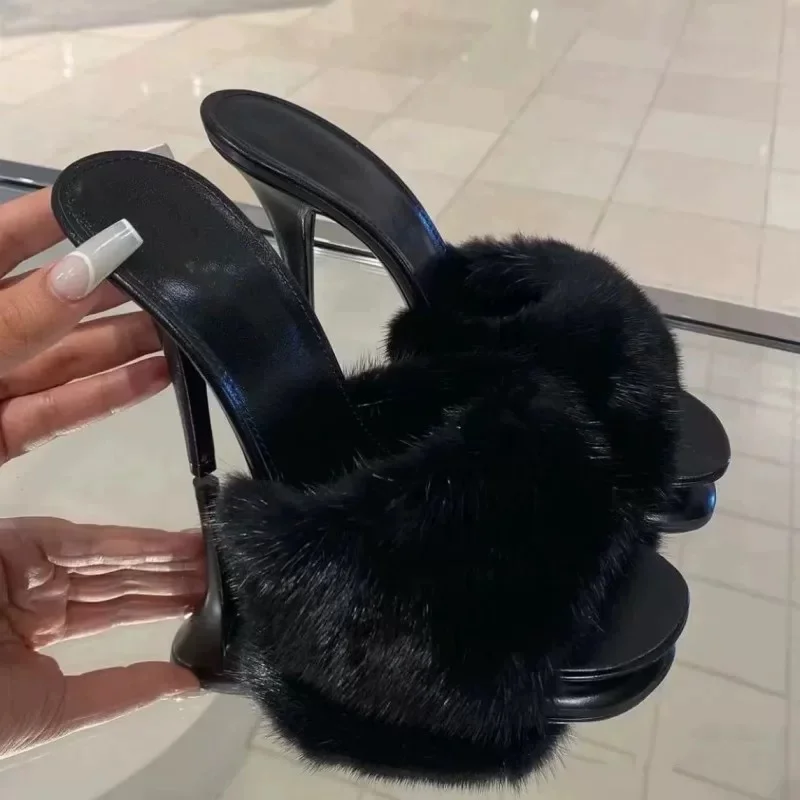 

Mink Fur Leather Slippers For Women Sexy Round Toe Stiletto Fashion Outer High Heels Banquet Dress Women Sandals