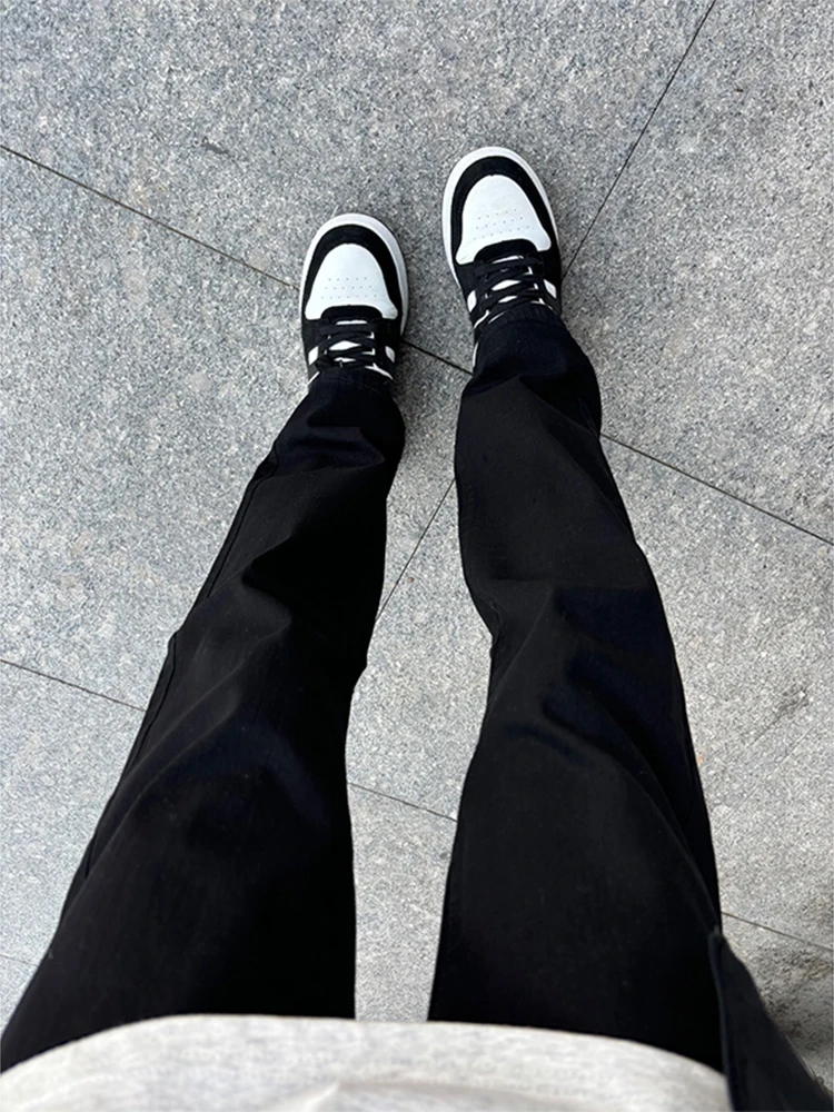 

Soft Pure Black Elastic Denim Jeans Men's Spring Autumn Slim Fit American High Street Style Narrow Version Flared Pants
