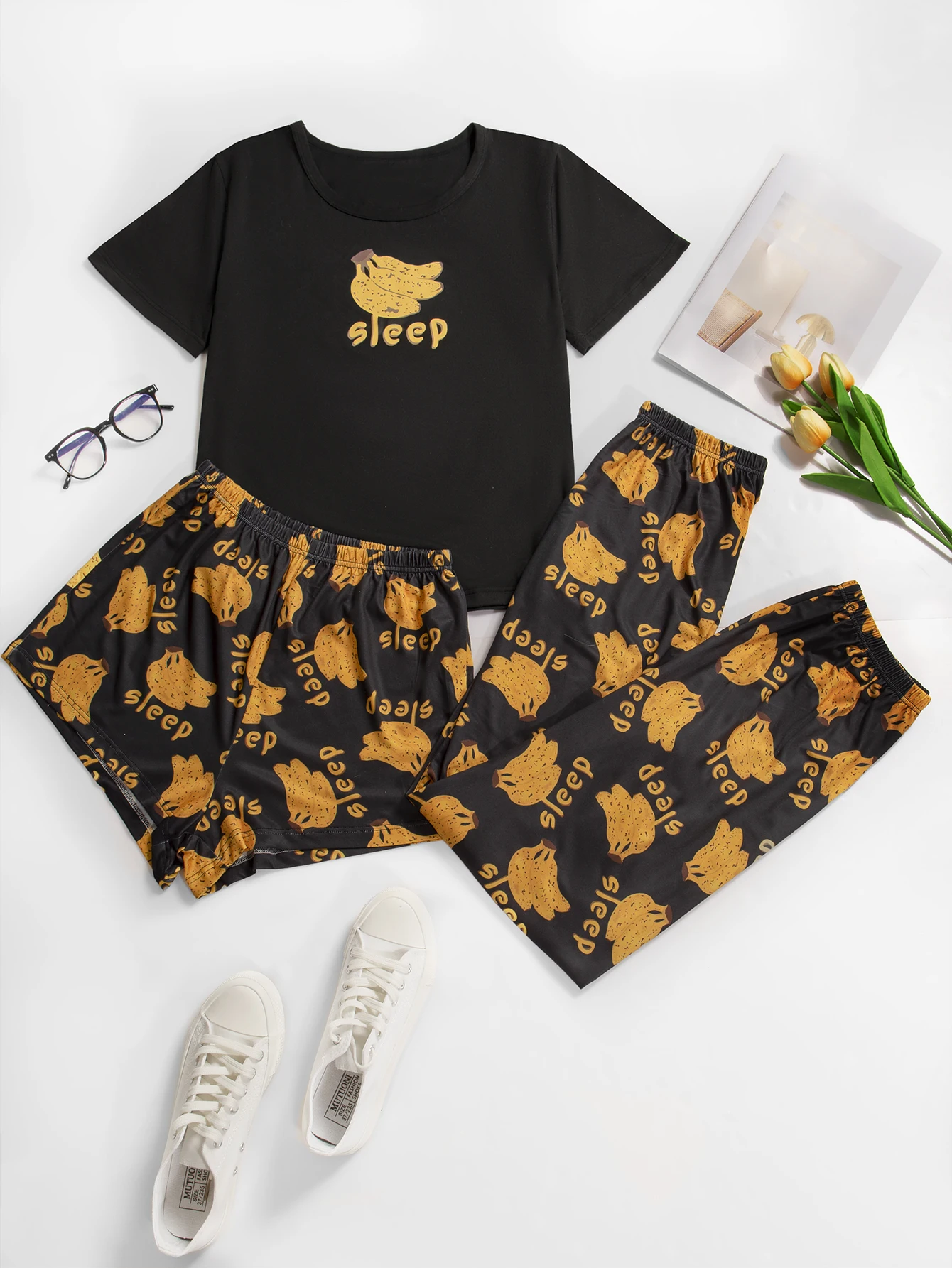 

Women Pajama Set Letter Prints Short Sleeve Round Neck Top Allover Prints Banana Shorts Pants Summer Sleepwear Loungewear Set