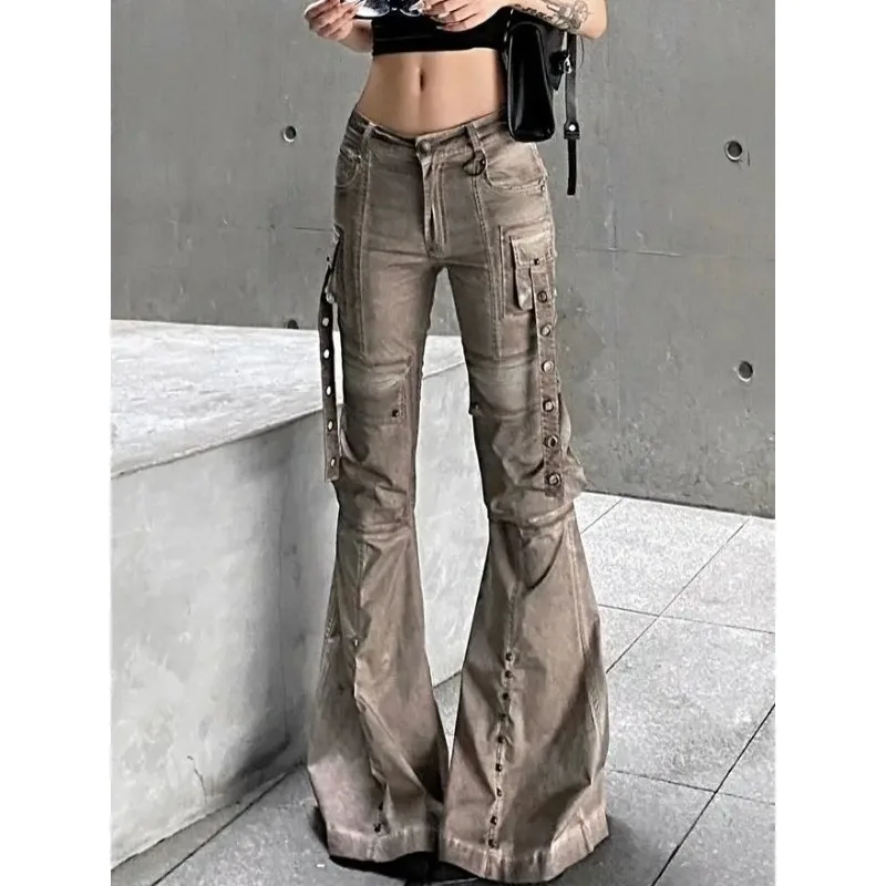 Washed Brown Utility Bootcut Jeans for Women American Style Street Pocket Wide Leg Pants Harajuku Style Y2k Casual Trousers