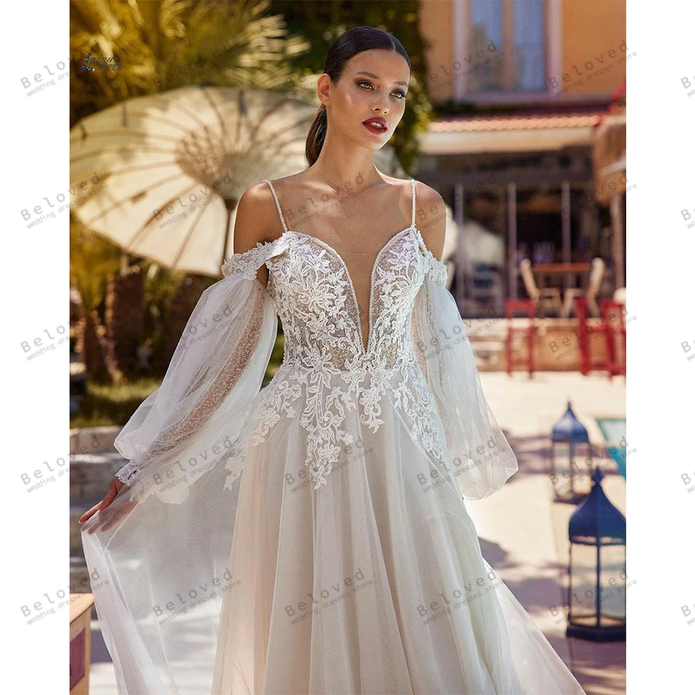 Graziosi abiti da sposa a-line abiti da sposa Appliques di pizzo con spalle scoperte mezze maniche a sbuffo Robe Vintage Vestidos De Novia 2024