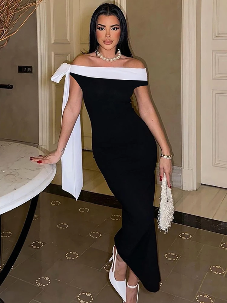 

Machede Y2K Elegant Dress Women Sweet Girl Trend Bandage Slash Neck Tassel Sleeveless Skinny Stretch Slim Chic Maxi Bodycons
