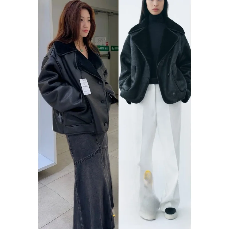 Dwustronny płaszcz z jagnięcej wełny Fce, damski, jesienno-zimowy, ciepły, ocieplany, skórzano-futerowy, zintegrowany, odzież wierzchnia.