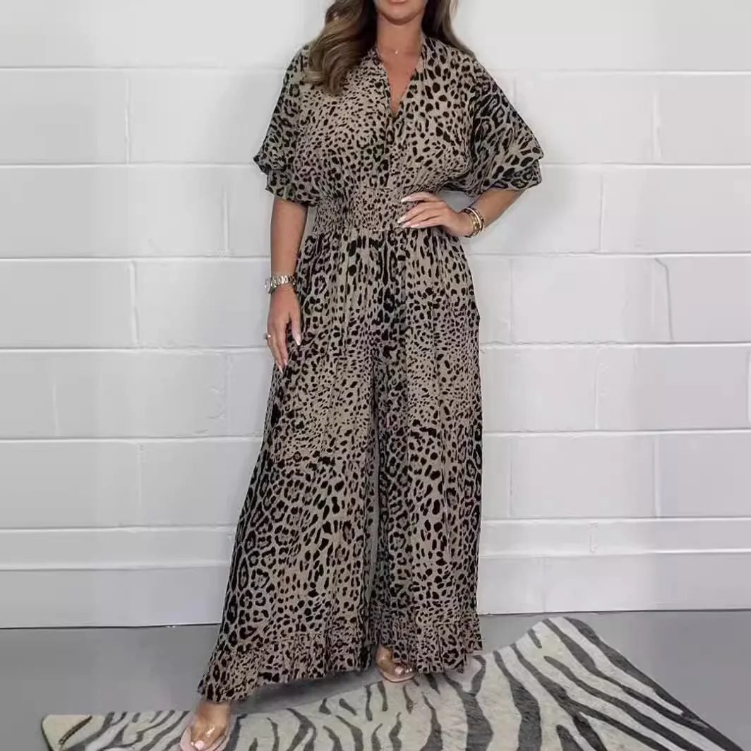 Monos con estampado de leopardo para mujer, moda de verano, cuello en V, manga corta, mamelucos informales, cintura elástica, mono largo de pierna ancha