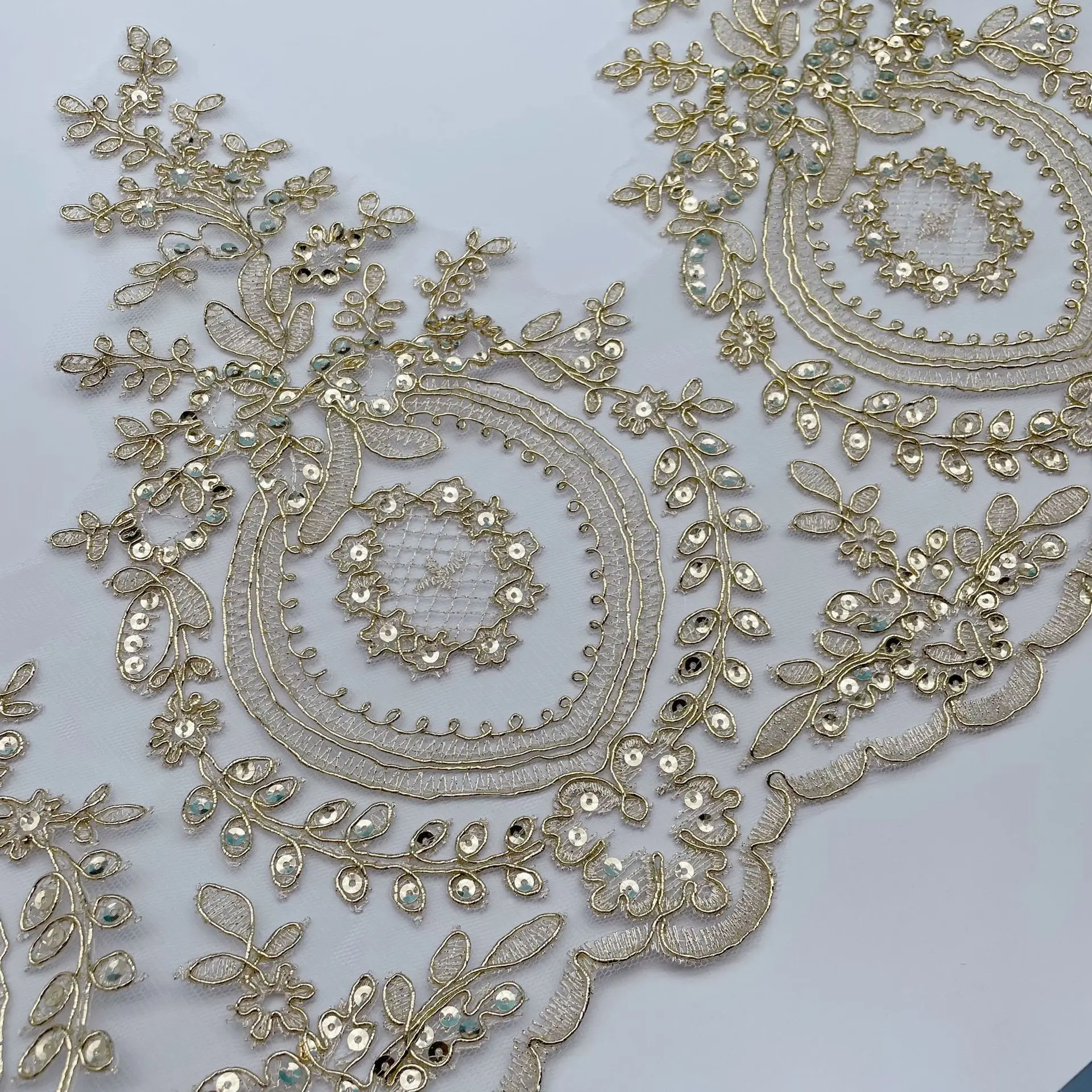 1 Yard 28cm wide Ssequins Hot Sale Light Gold Mesh Lace Trim Luxury Embroidery Light Gold Lace Fabric for Wedding Dresses