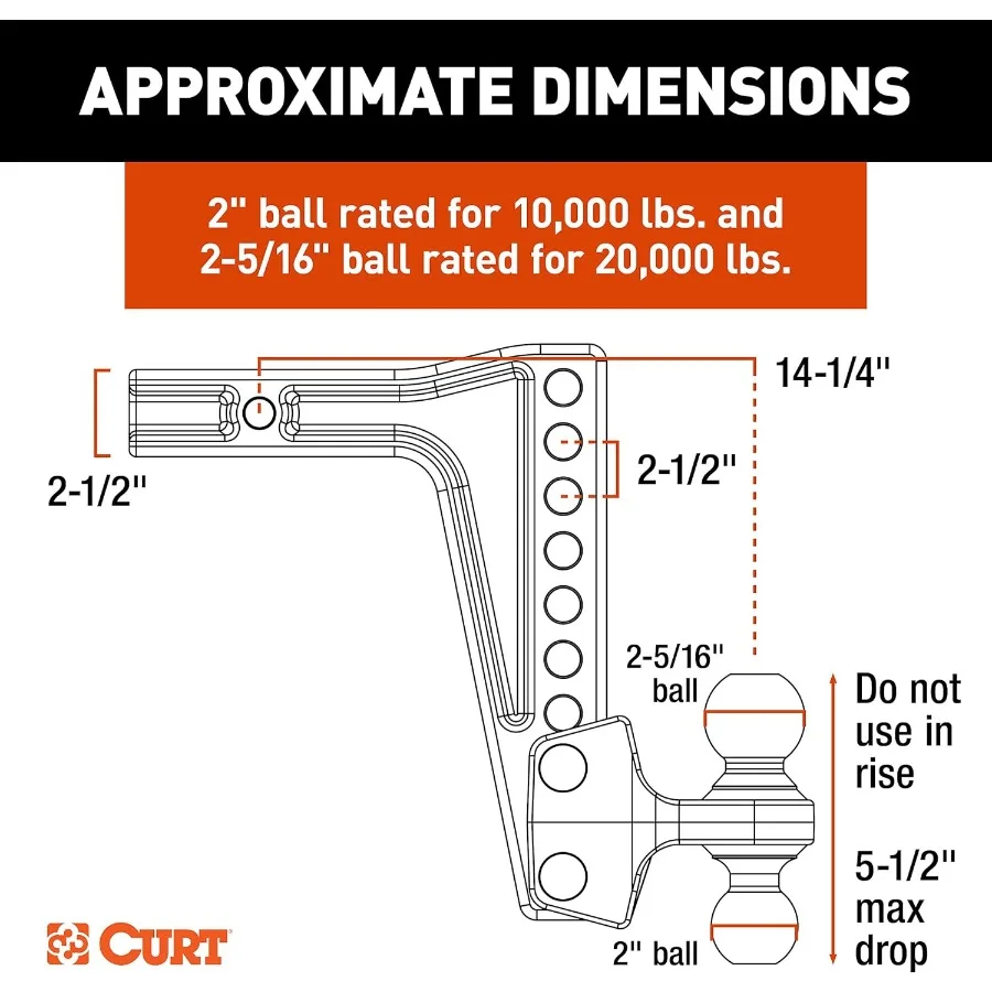 45939 Soporte de bola de enganche de remolque ajustable HD DeepDrop con bola doble para aplicaciones de remolque de alta resistencia 21 2 vástago de capacidad hasta t