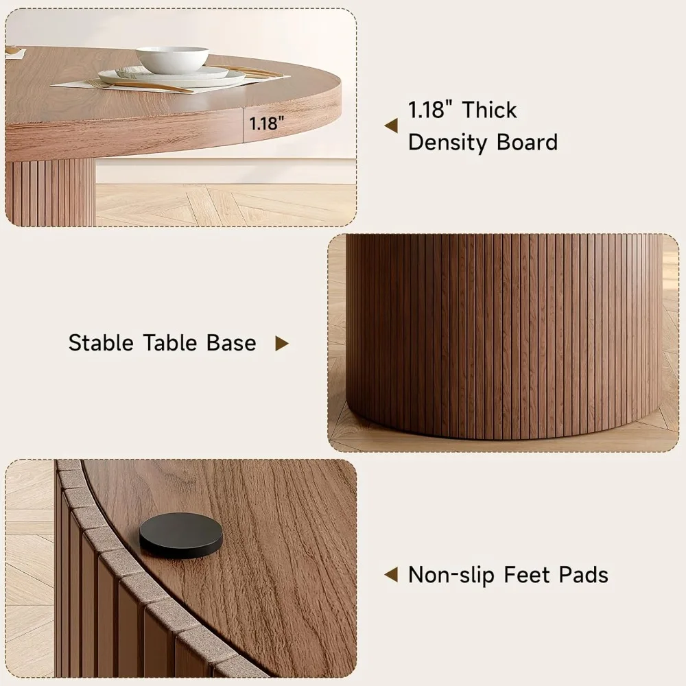 4人用の丸いダイニングテーブル、木製のストリップベースの円形キッチンテーブル、キッチン、リビング用のモダンなファームハウス風ディナーテーブル