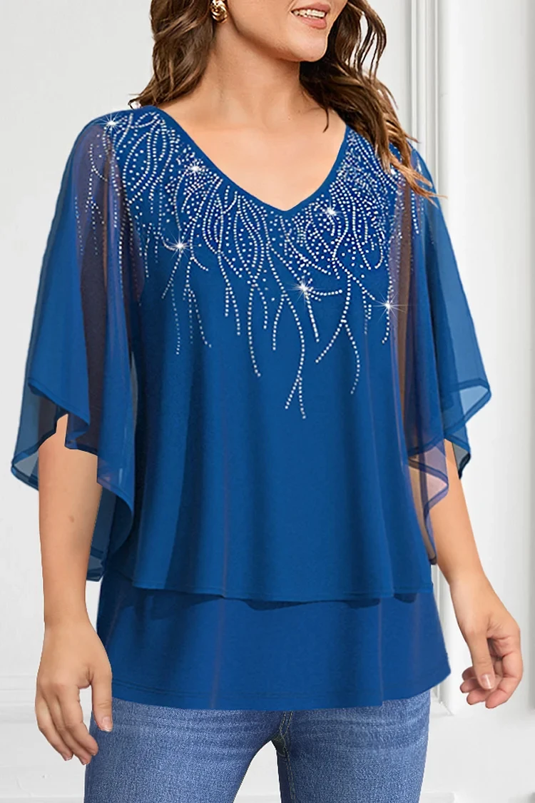 Flycurvy-Blusa de talla grande azul brillante con mangas acampanadas, blusa brillante en capas, Tops con cuello en V