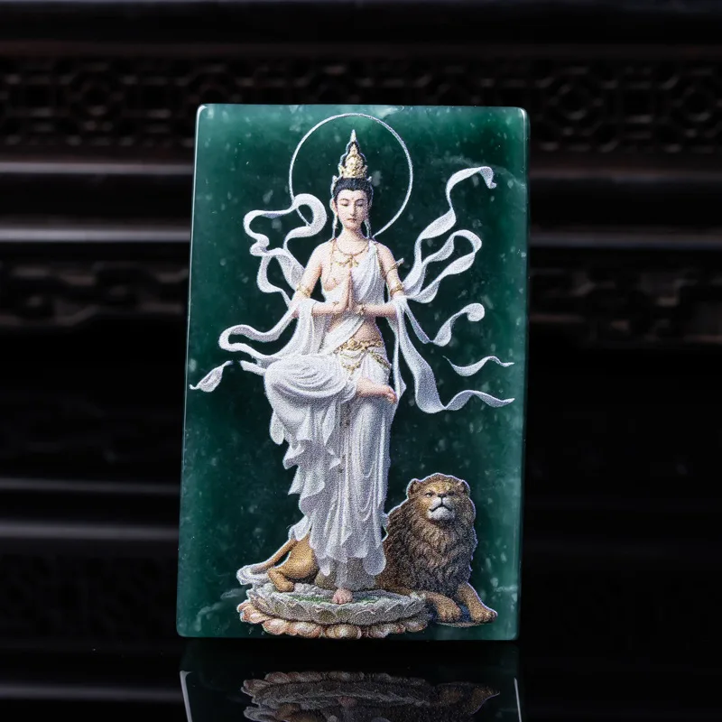 

Натуральный нефрит А-класса Манджусри Бодхисаттва, фирменный синий водный материал, тонко окрашенный распылением кулон из ледяного нефрита