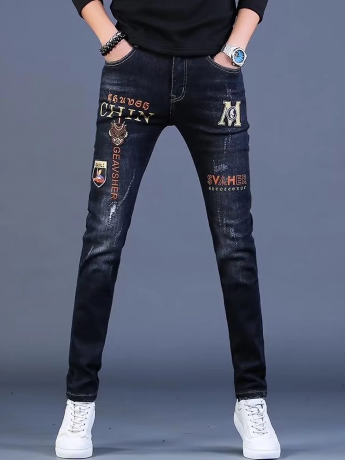 

Eur Sle Embroidered Slim Fit Jeans Men's Casual Elastic Waist Long Trousers Spring Autumn Faion Versatile Comfortable