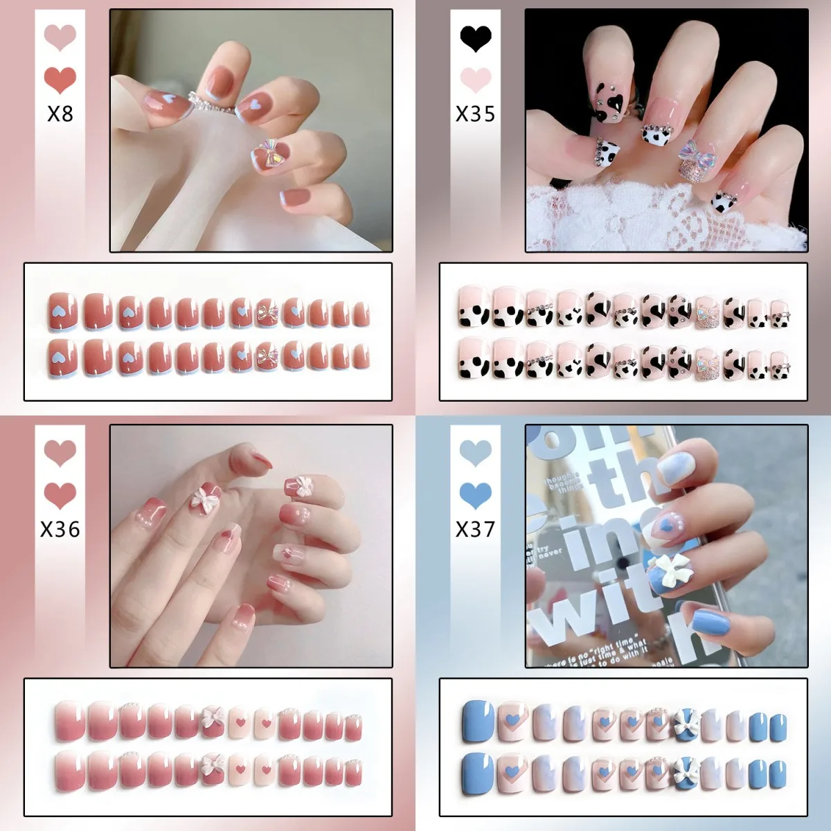 

4 Boxes/Lot (96pcs) bow Gradient Ballet France Press on Nails Reusable False Nail Removable Fake Nails Short Round Coffin Nails