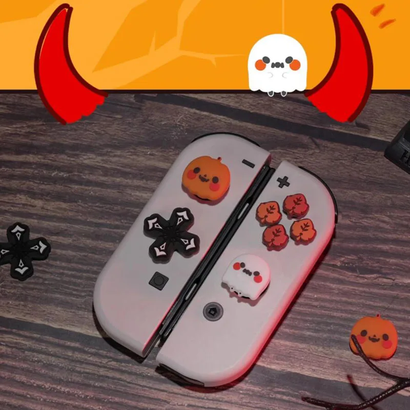 Dyniowy duch silikonowy miękki D-pad z poprzecznym guzikiem ABXY naklejka na klawisze skórzane etui do przełącznika Oled NS Joy-con uchwyt na kciuki pokrywa