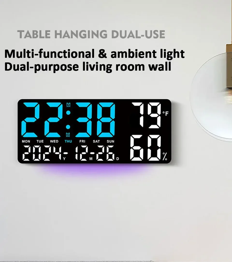 Digital Wall Clock with Atmosphere Lights Remote Control TEMP Humidity Display LED Large Table Clock Multifunctional Alarm Clock
