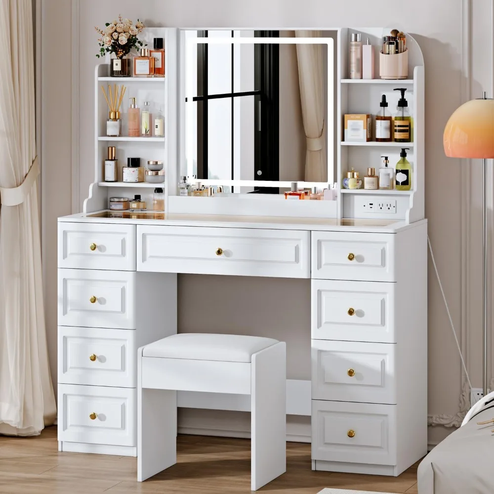 

Vanity Desk with Mirror and Lights, & Power Outl, Glass Top Big Vanity Table with 9 Drawers& 8 Storage Shelves, Dressi