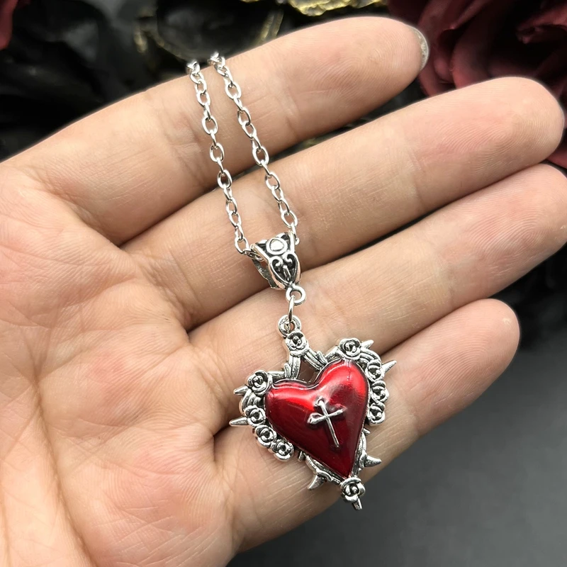 Death Cross Heart Necklace, Gothic jewelry, rose, Thorn, Vintage accessories, Y2k Choker, Witch, Pagan, For Women Man，Trend