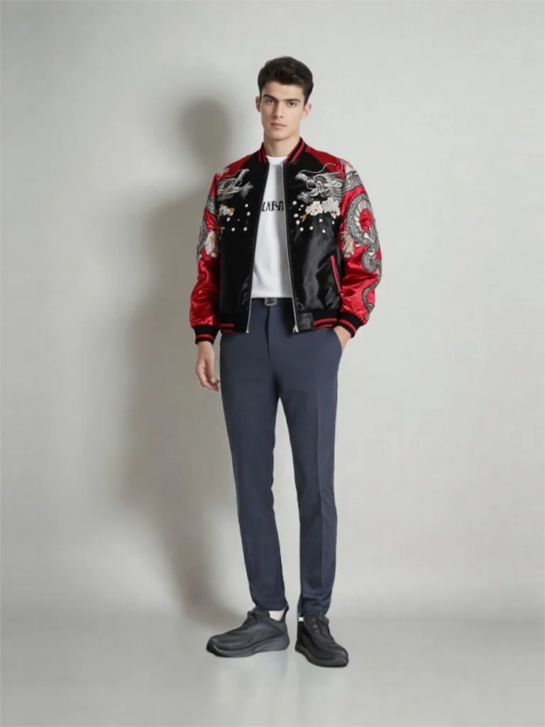 

Мужская куртка-бомбер из сатина с вышивкой дракона, люксовая уличная одежда, весенне-осенняя верхняя одежда с воротником-стойкой, бейсбольная куртка-сукажан D012