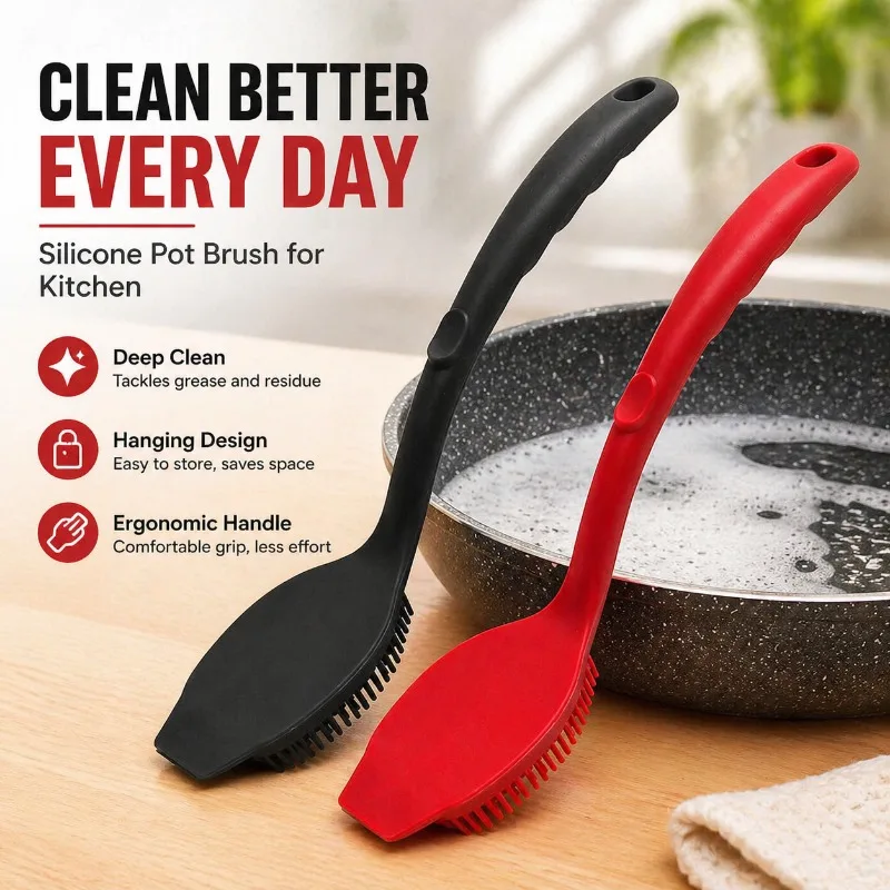 Hanging Integrated Handle Silicone Pot Brush Multifunctional Kitchen Dish Washing Scrubber Durable Silicone Dish Scrubber