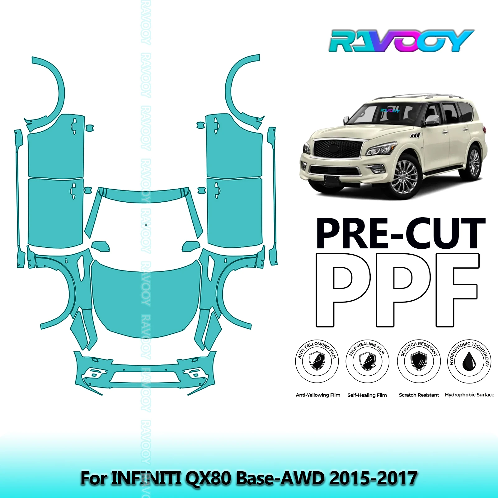 

8.5Mil Precut Paint Protection Film PPF Clear Bra Front Kit+Doors For INFINITI QX80 Base-AWD 2015-2017