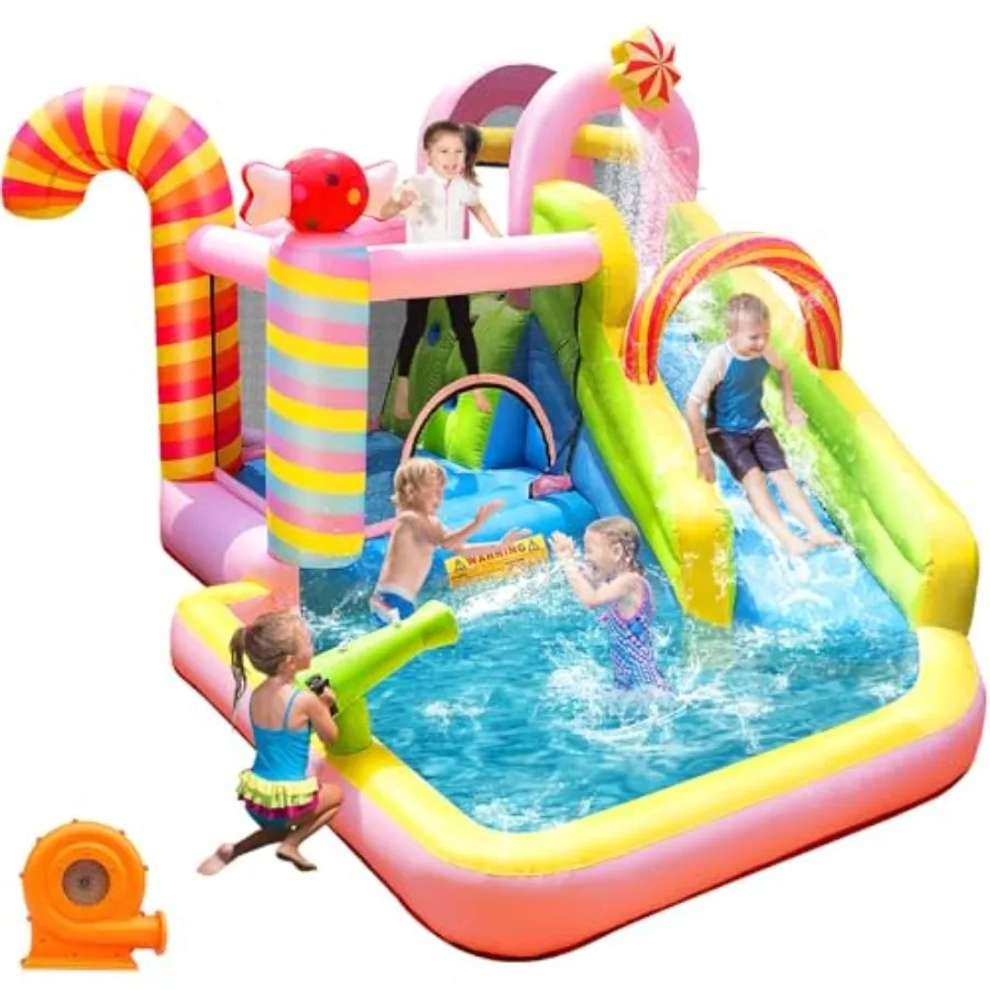 

6-in-1 Candy Water Park Inflatable Bounce House with Slide for Ages 3-12 - Indoor/Outdoor Bouncy Castle with 450W Blower Quick