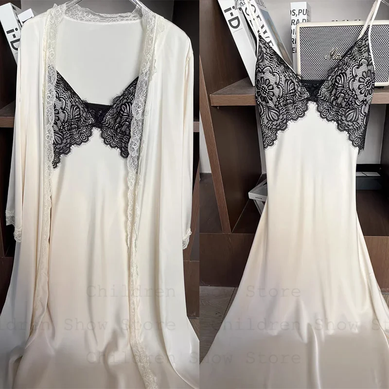 Elegant Long Robe Vestidos De Novia Women Satin Nightdress Luxury Lace Trim Wedding Kimono Gown Lady Sleepwear Lingerie Set