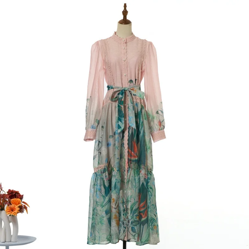 Ele lourd broderie dentelle garniture Vintage lanterne Sve col montant imprimé ceinturé Long Dr t-shirt couleurs femmes Faion