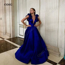 OIMG Royal Blue A Line Satin Prom Dresses Saudi Arabic Women V Neck Sleeveless Floor Length Evening Gowns Dress Vestidos