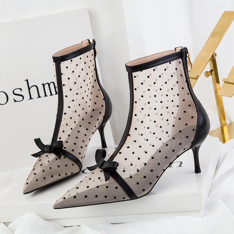 Women\'s Korean-Style Sexy Fashion Pointed Mesh Polka Dot Breathable Hollow Bow Stiletto Ankle Boot Party Summer Casual for Woman