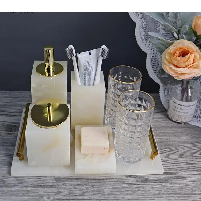 

European Style Luxury Marble Bathroom Accessories Gargle Cups Portable Soap Dispensers Soap Dish Toothbrush Holder Wedding Gifts