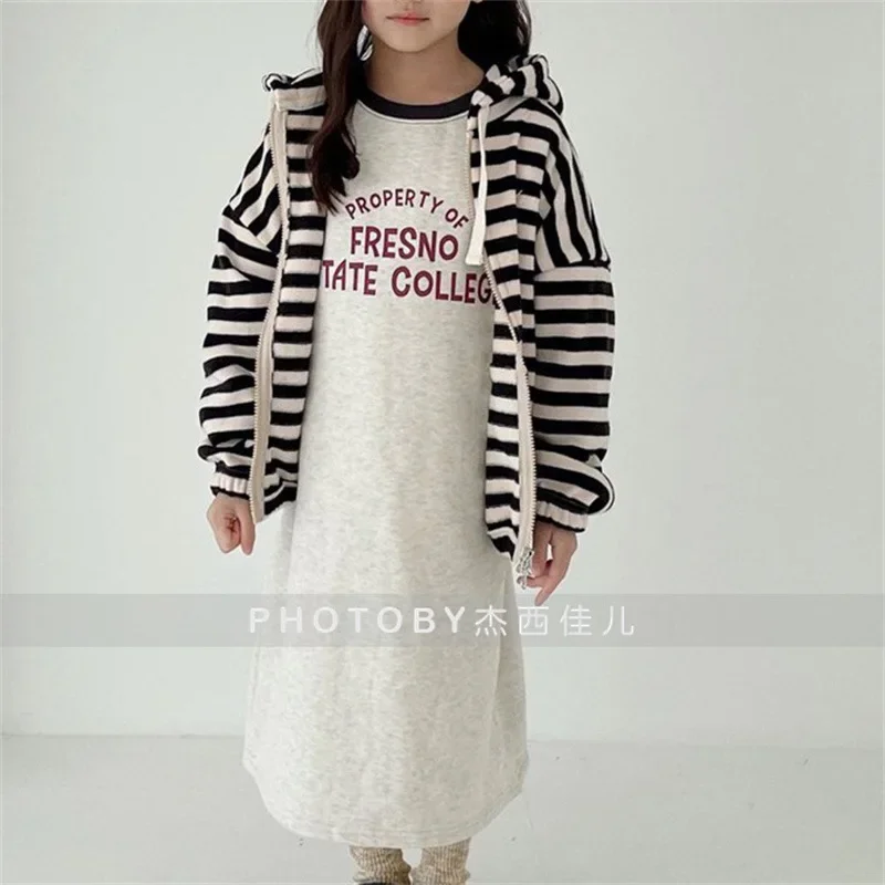 Children Clothing 2022 Autumn Winter Girls Korean Style Dress New Fashion Casual Patchwork Letter Fleece Cotton Sweater Dress