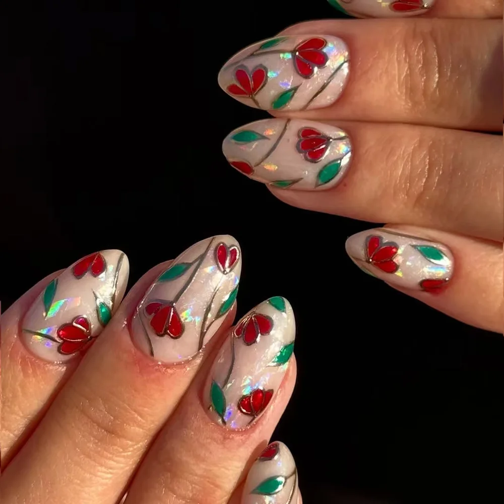 24Pcs Simple Flower Golden Bead Decor Stick on Nails Mid-length Reusable Almond Press on False Nails 3D Gilded Line Design Nail 6