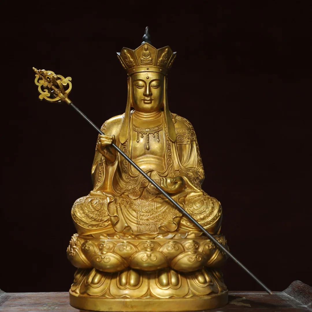 

15"Tibetan Temple Collection Old Bronze Gilded Cinnabar Ksitigarbha Bodhisattva Amitabha Sitting Buddha Lotus Worship Hall