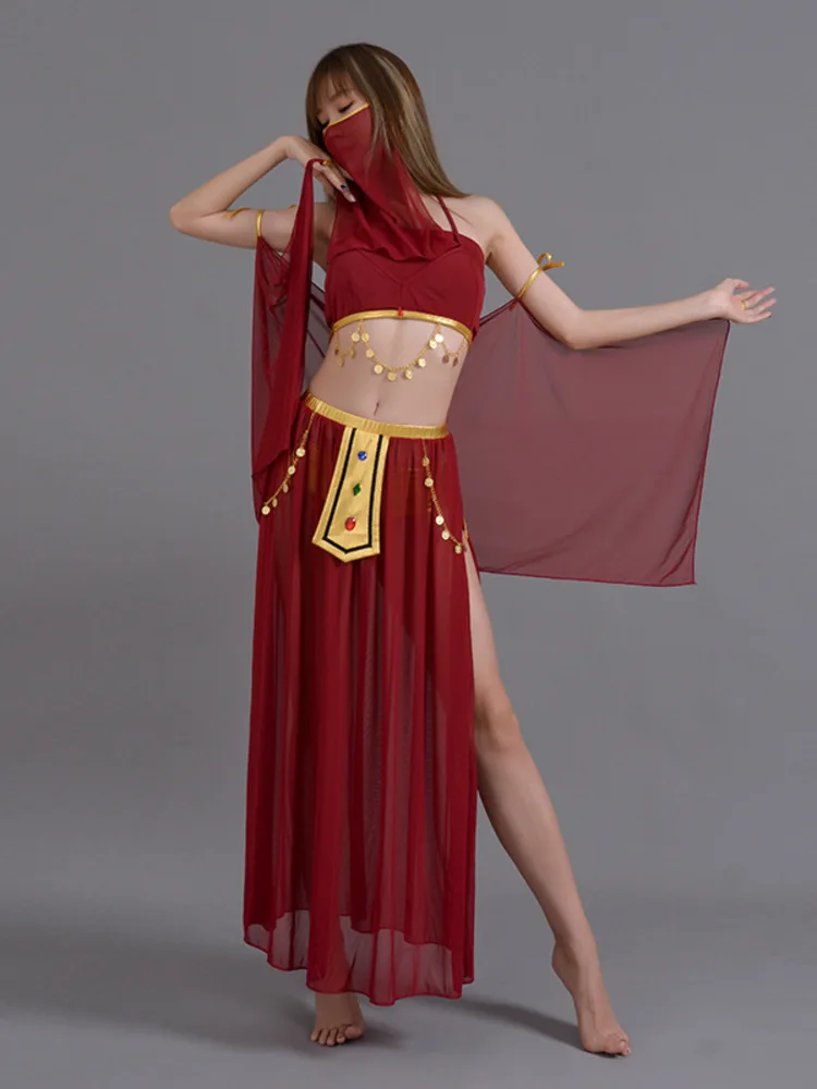 

Wearing A Veil Hot Stamping Sexy Belly Costume Long Drape Mysterious Bra Sequin Chain Exotic Latin Dance Costume