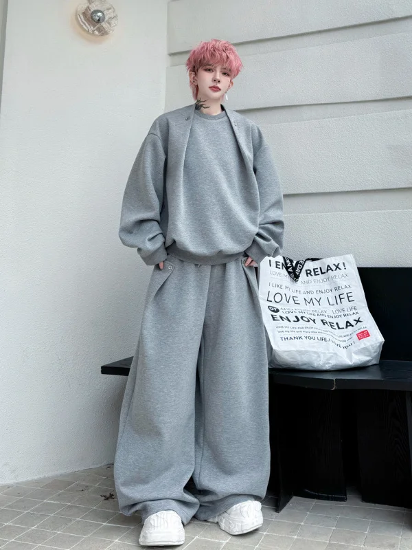 

Spring 2026 Men's round Ne Sweatirt And Casual Pants Deconstructed Design ular Pure Color Set Long Sve Long Pants