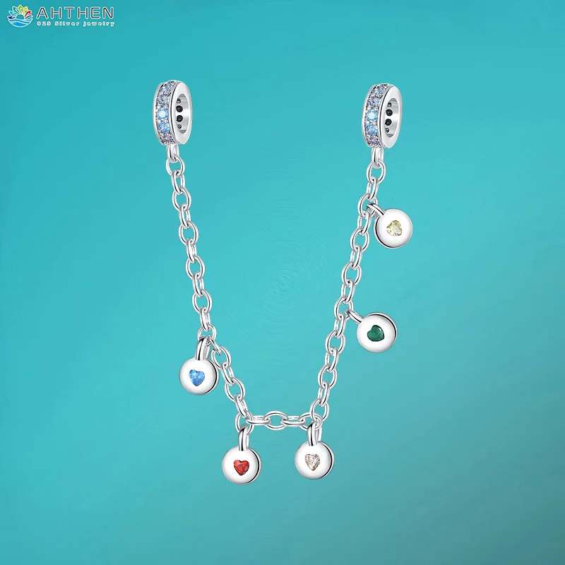 

Ahthen 925 Sterling Silver Beads Colorful Heart Zirconia Safety Chain fit Snake Chain Bracelets Necklaces for Women Jewelry