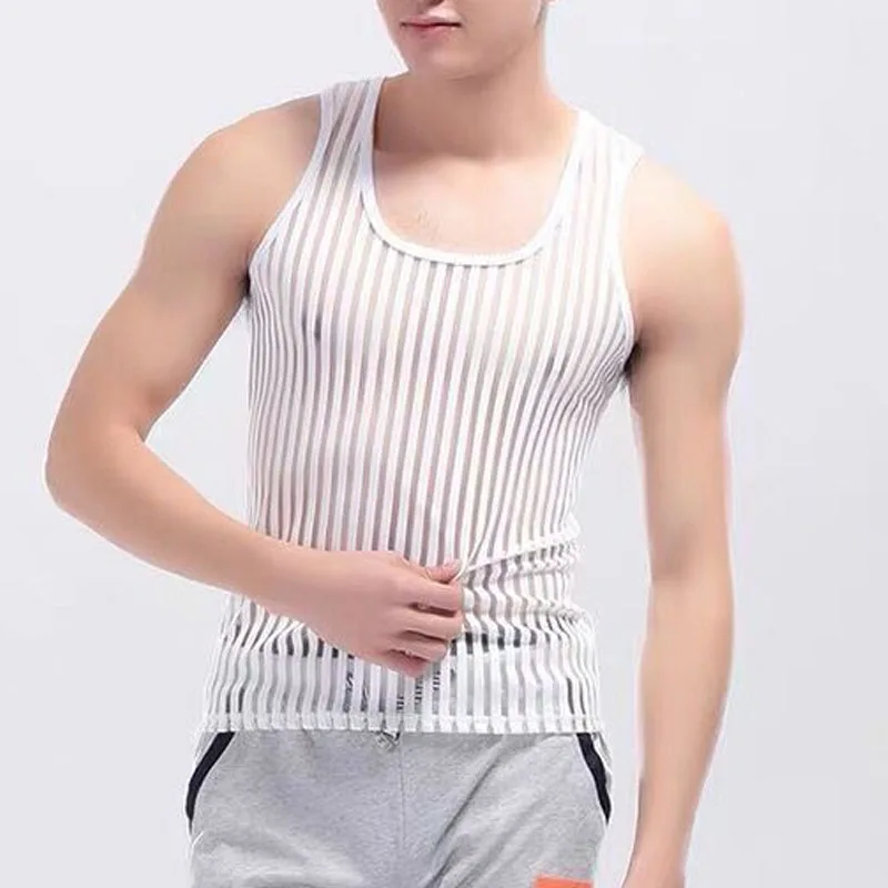 Summer New Man Sling Slim Thin Style Lace Mesh Tops Men's Hollow Out Sexy Fashion Sheer Tank Tops