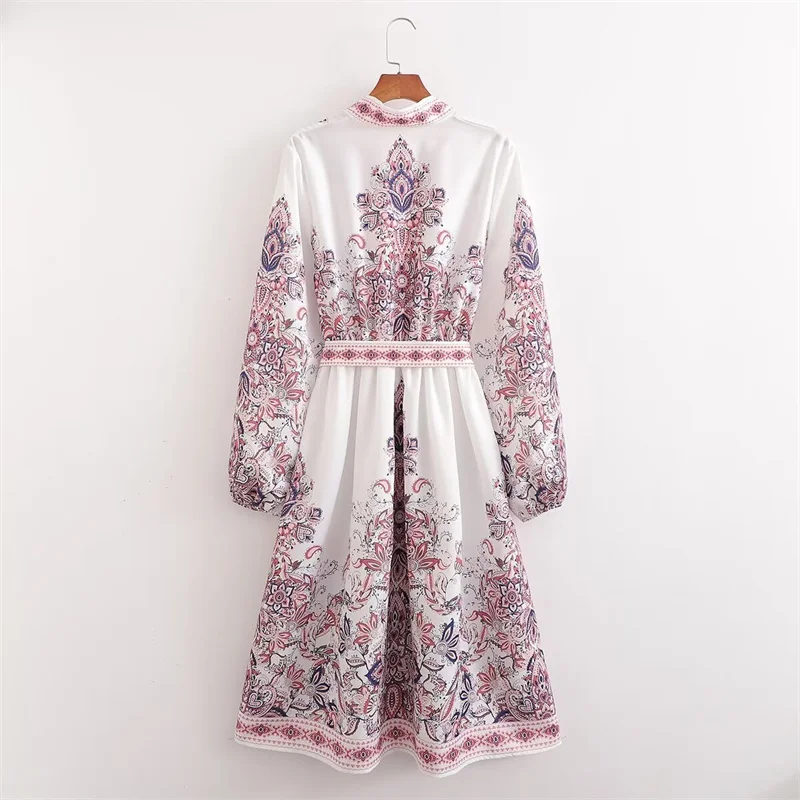 KEYANKETIAN 2024 New Launch Retro Matching Position Print Lantern Sleeve MIDI Dresses Autumn With Belt Women Ethnic style Dress