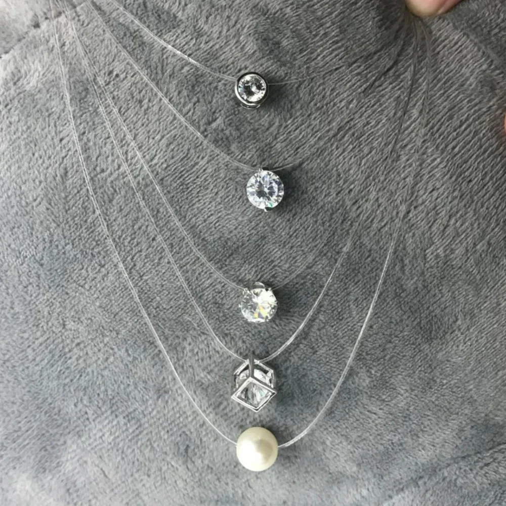 Neue Quadratische Imitation Perle Kristall Zirkon Halskette Unsichtbare Transparente Angelschnur Halskette für Frauen Mode Schmuck Geschenke