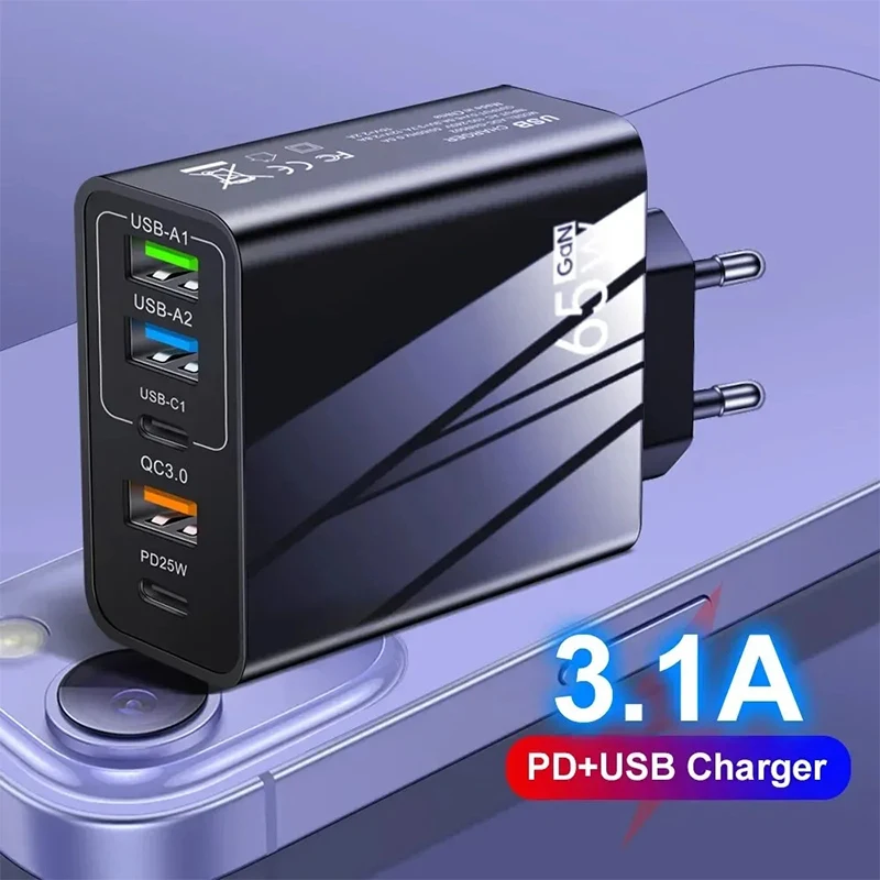 شاحن سريع من نوع GaN-USB C ، محول الهاتف المحمول ، 5 منافذ ، PD ، سريع ، شحن سريع ، سرعة عالية ، iPhone 15 ، شاومي ، وسامسونج