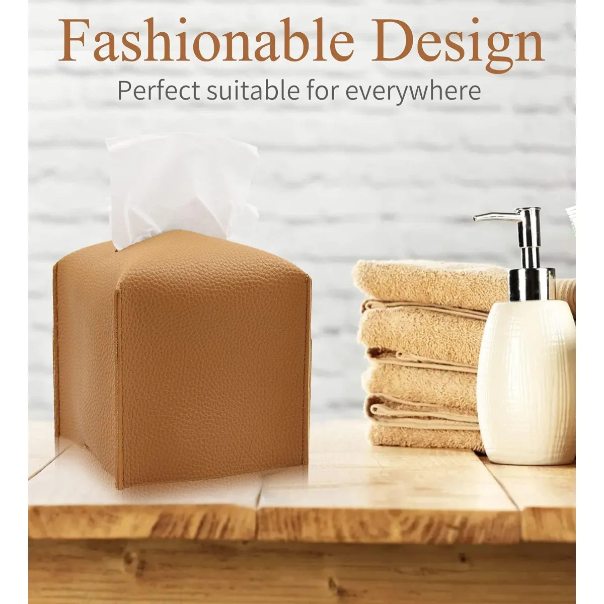 모던 스퀘어 티슈 홀더 카멜, PU 가죽 정리함 화장대 카운터탑 데스크용