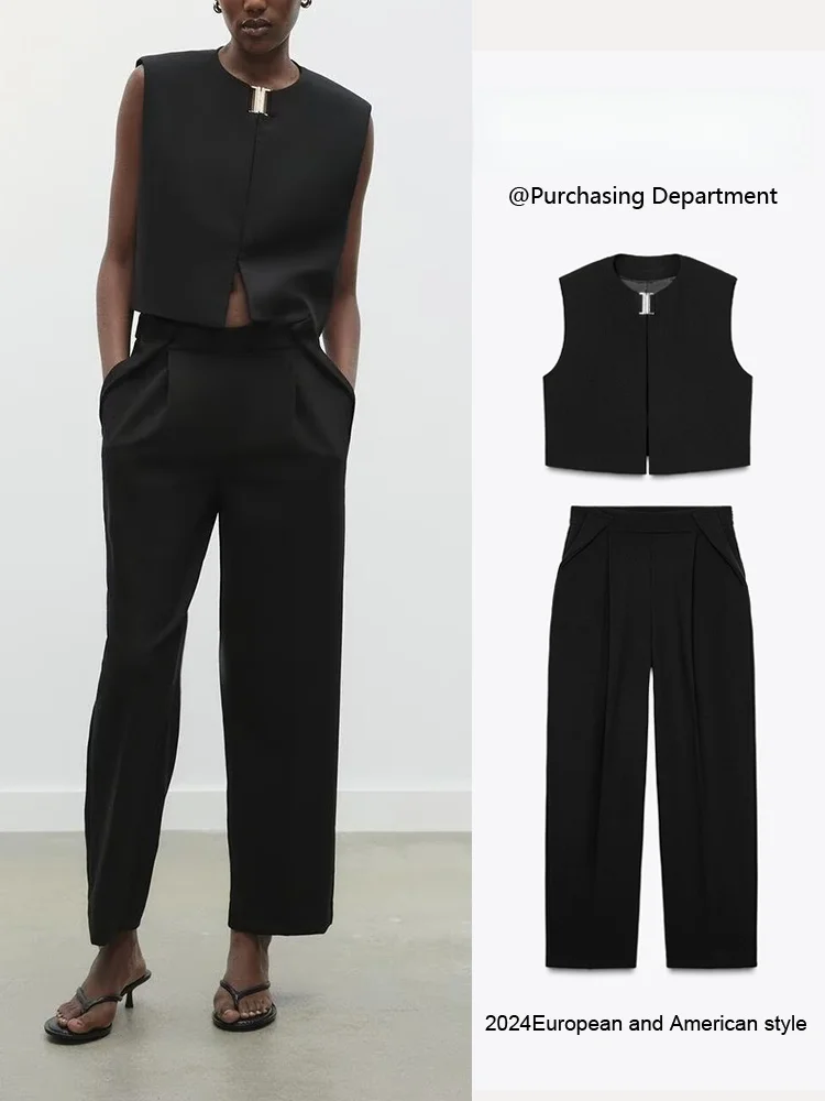 

Spring New Arrival Women's Vest Top Casual Long Pants Faion Set round Ne Overhead Sle ZA2025