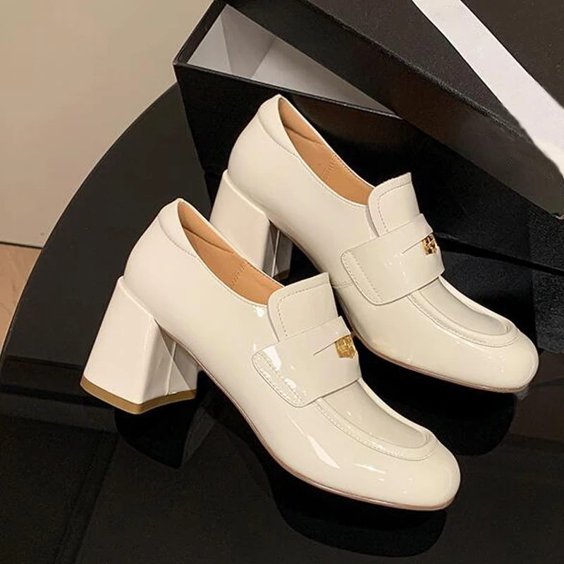 New Style Patent Leather Women Pump Round Toe Chunky High Heel Loafer British Style Slip on Casual College Footwear Sliver Black