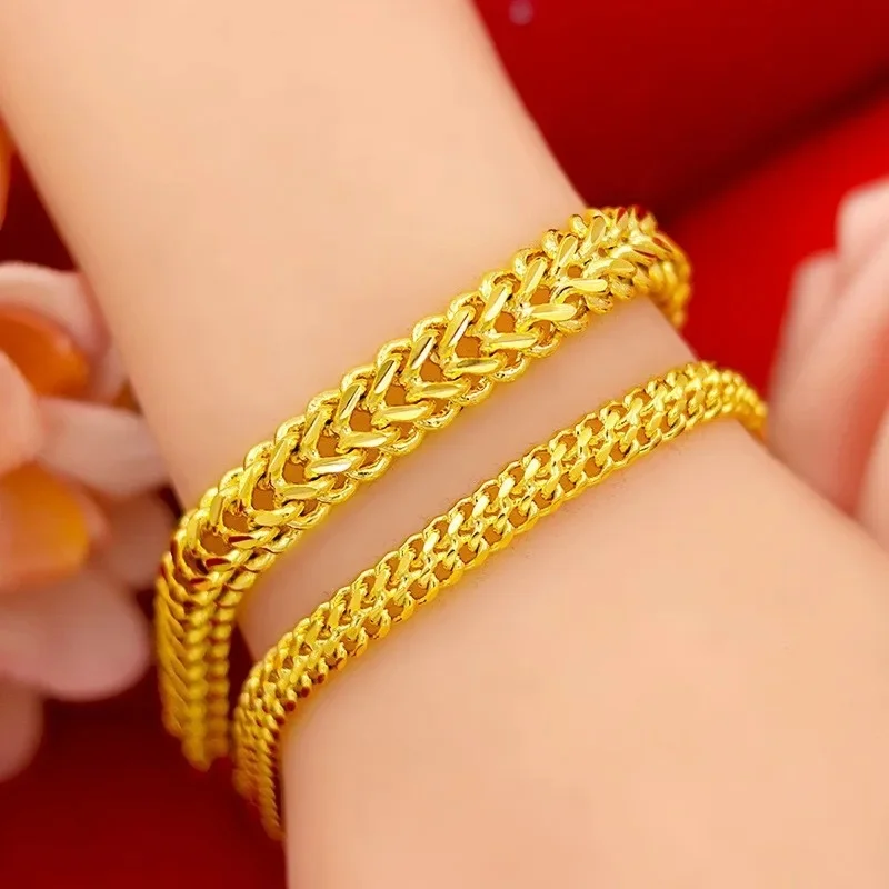 9999 24K Real Gold Bracelet Fashion Couple Whip Gold Bracelet Cuban Flat Chain Gold Jewelry