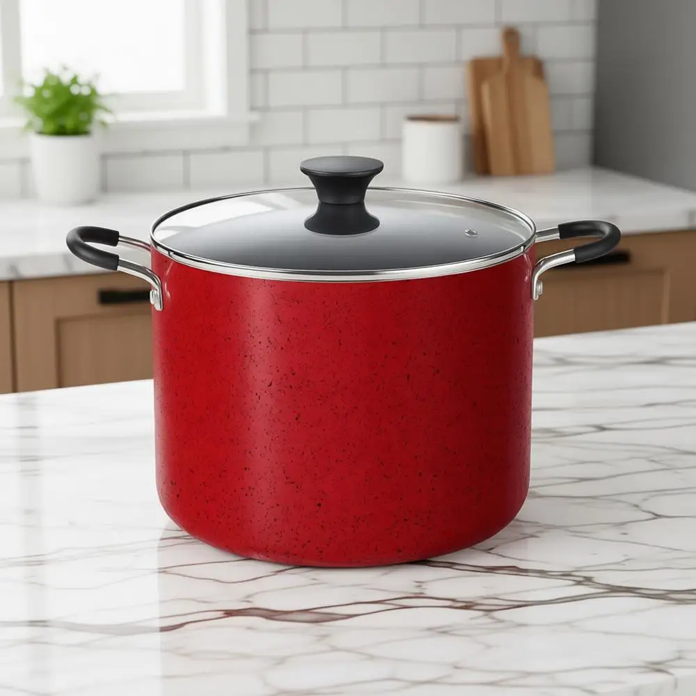 

Nonstick Stockpot with Lid 10.5-QT, Deep Cooking Pot Canning Cookware Stock Pot, Marble Red