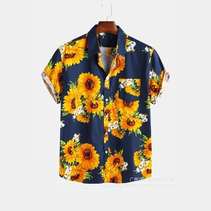 Hawaiian Men's British Sunflower Digital Print Shirt Men's Cardigan Casual Short-sleeved Tour Lapel Shirt Clothing Street Wear