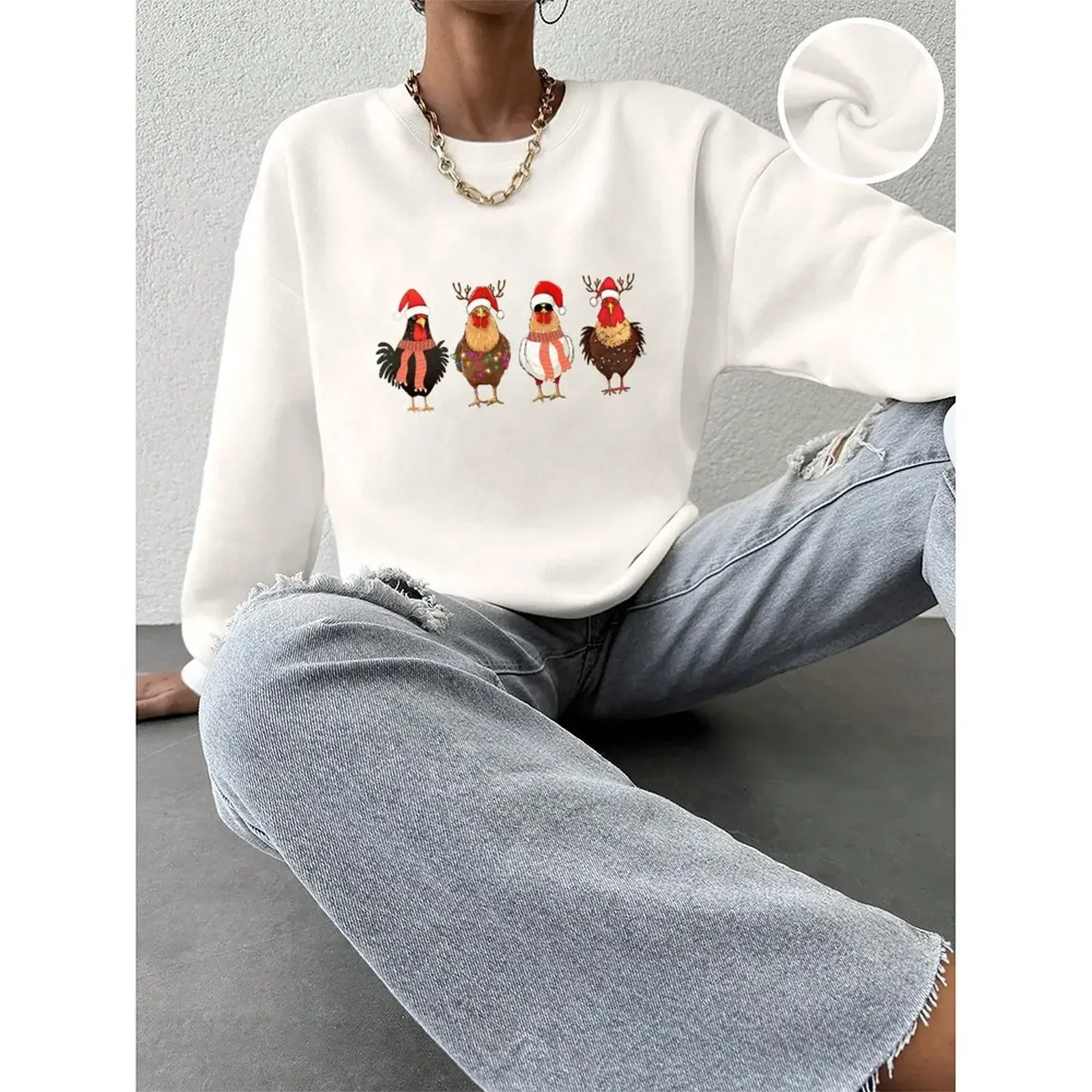 Womens O-Neck Sweatshirt Velvet Winter Casual Loose Comfortable Christmas Chickens Printed Pattern Pullovers Long Sleeve Sweater